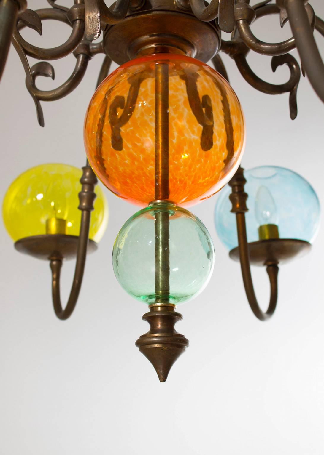 Italian Venetian, Chandelier, brass & colored blown Murano Glass bolls, 1960s 1
