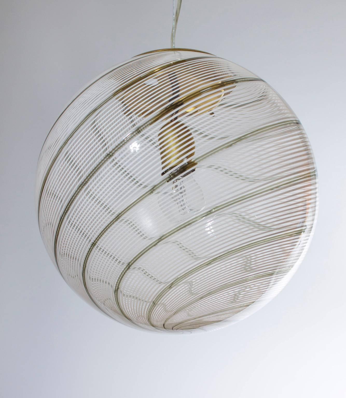 Art Deco Vintage Murano Fixture: Clear Glass Sphere with Accented Stripes 1960s Italy