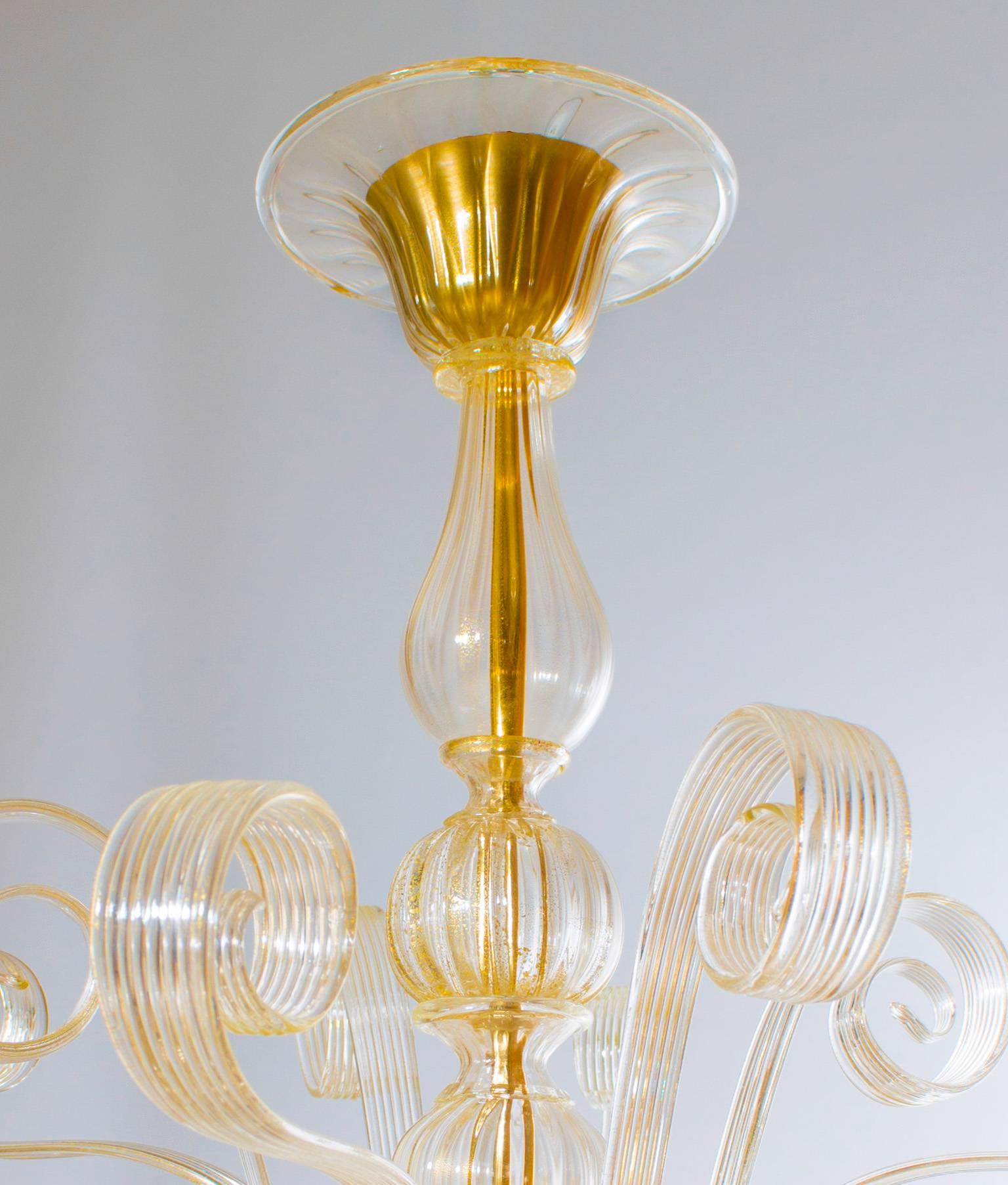 Mid-Century Modern Crafted Blown Murano Glass Chandelier adorned with Gold Pastorals 1990s Italy  For Sale