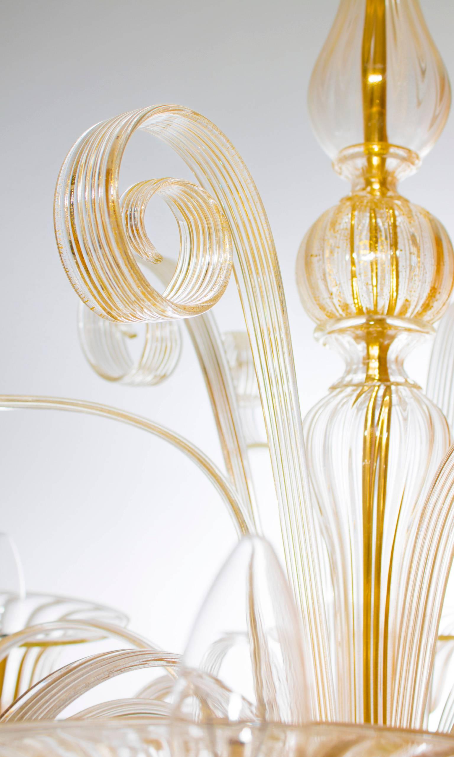 Italian Crafted Blown Murano Glass Chandelier adorned with Gold Pastorals 1990s Italy  For Sale