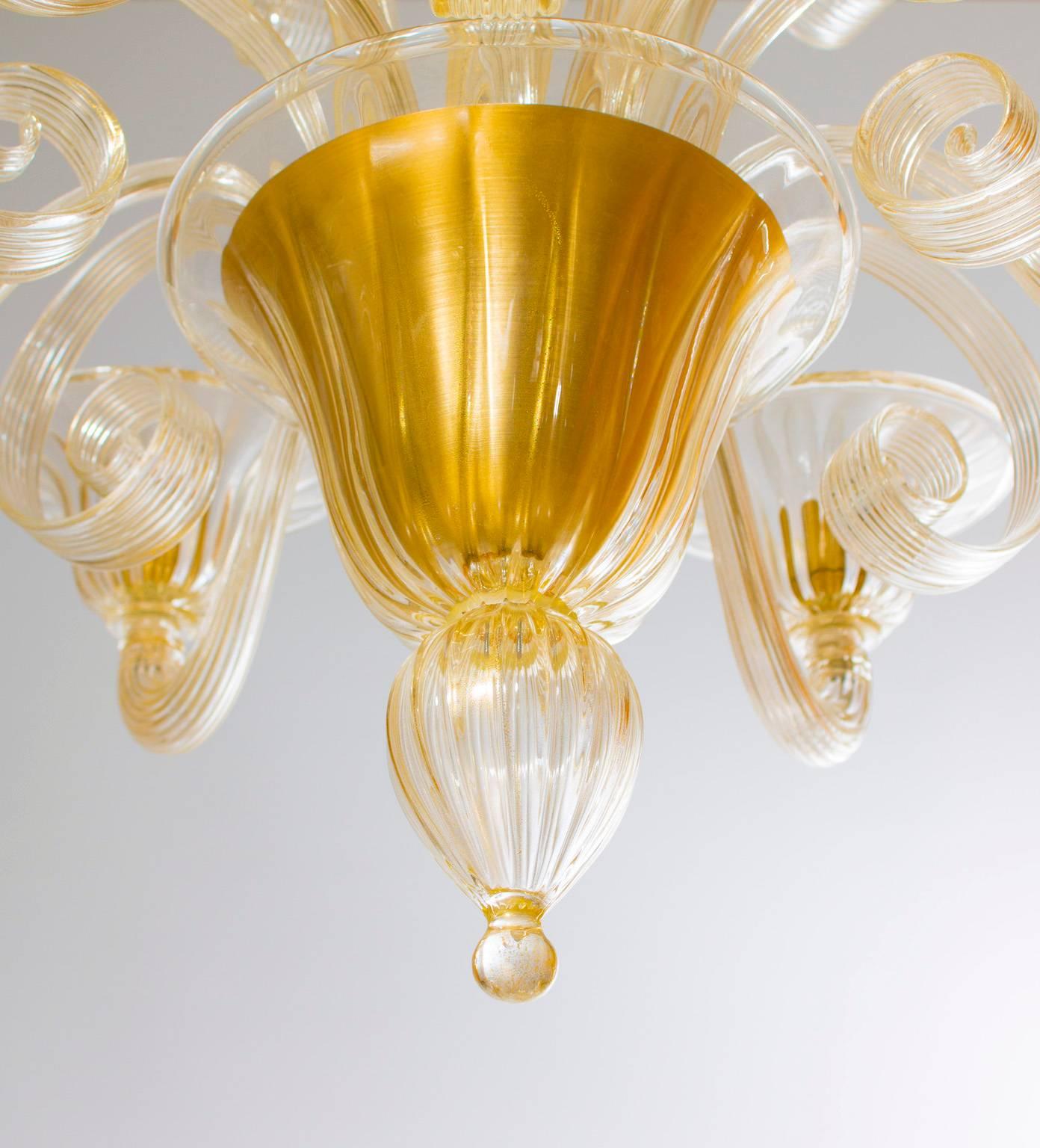 Art Glass Crafted Blown Murano Glass Chandelier adorned with Gold Pastorals 1990s Italy  For Sale