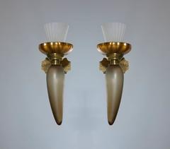Paire d'appliques italiennes en verre de Murano soufflé gris et or des années 1950
