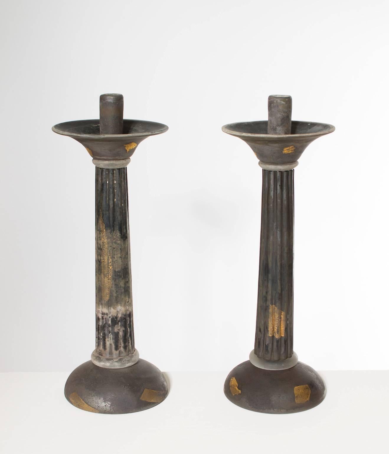 Italian Venetian, pair of candlestick, blown Murano glass, in opaque dark grey with gold stains, entirely handcrafted in blown Murano glass, by the Murano artist Cenedese. On the back of the candlestick there is the signature.
These portraits are