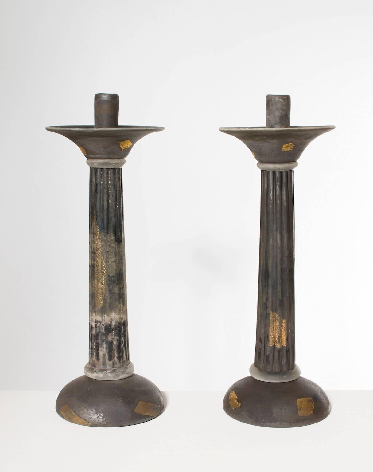 Hand-Crafted Italian Venetian, Pair of Candlestick, Blown Murano Glass, Gold Grey Cenedese