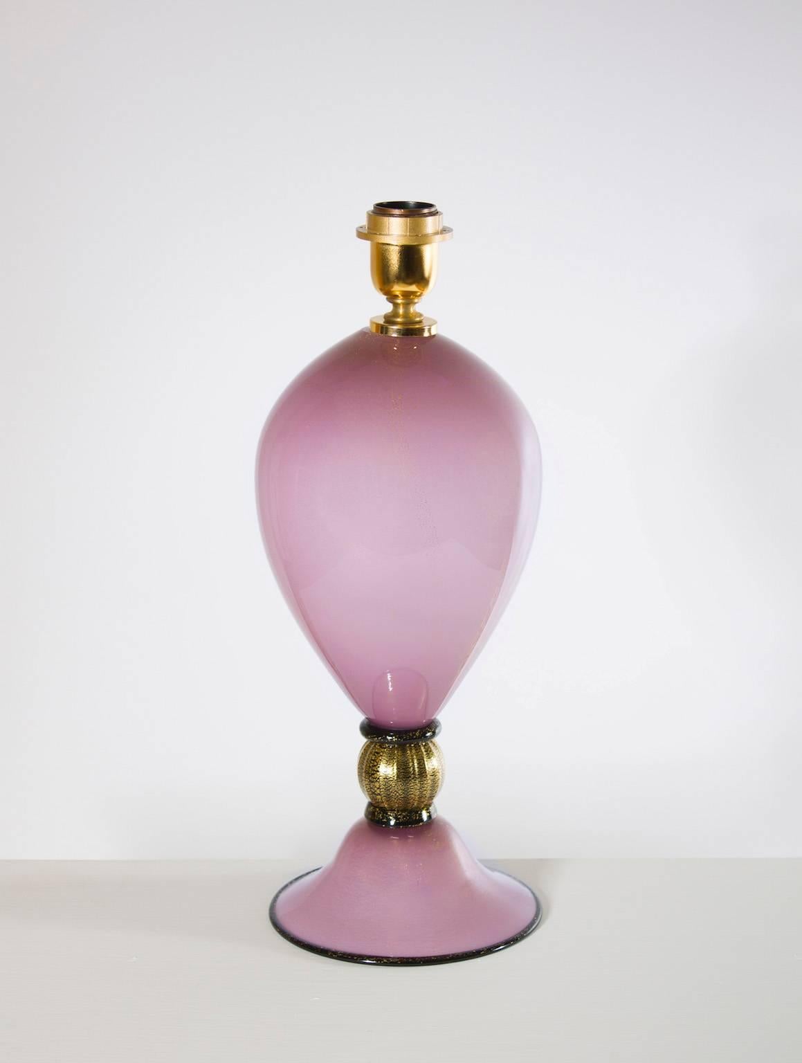 Art Deco Italian Venetian, Table Lamp, Blown Murano Glass, Magenta & Gold 24-K, 1980s