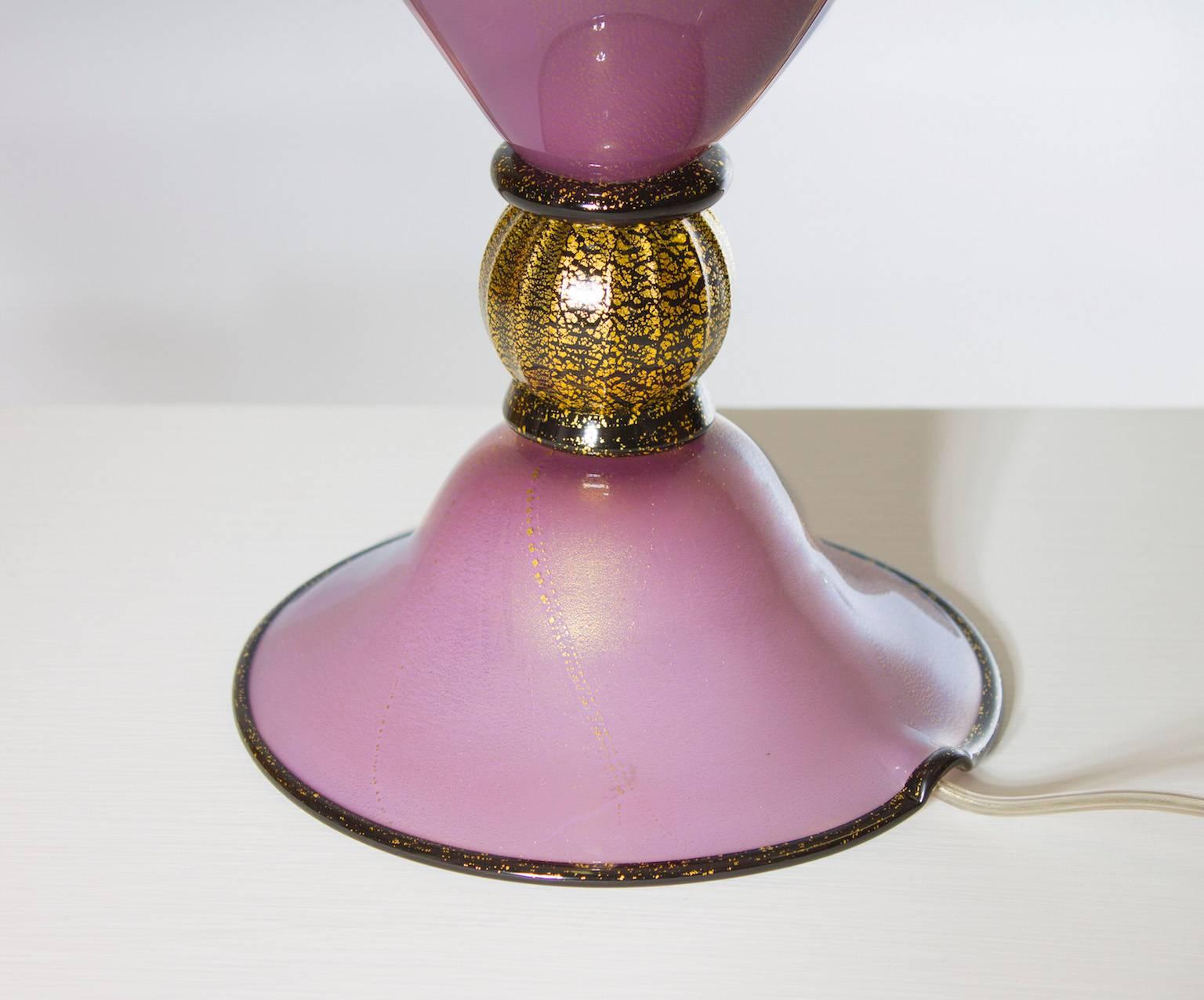 Late 20th Century Italian Venetian, Table Lamp, Blown Murano Glass, Magenta & Gold 24-K, 1980s