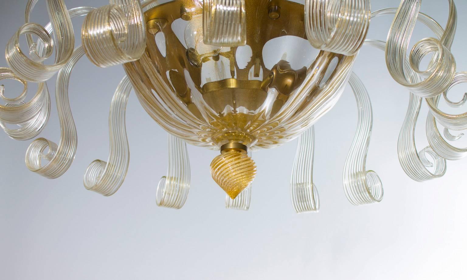 Late 20th Century Italian Venetian Flush Mount in  blown Murano glass Gold 24-K Pastorals 1980s For Sale