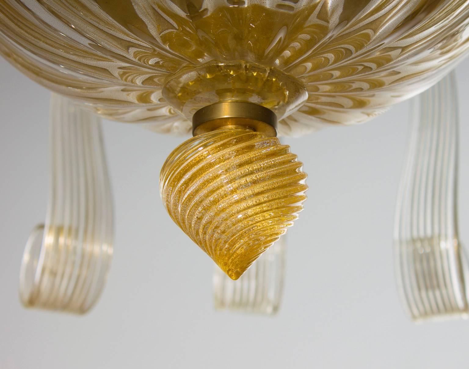 Glass Italian Venetian Flush Mount in  blown Murano glass Gold 24-K Pastorals 1980s For Sale