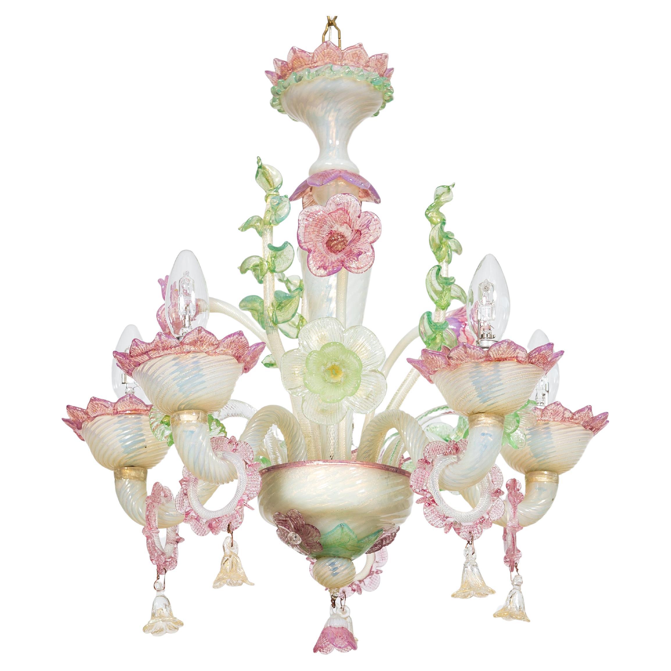 Lampadario in vetro di Murano opalino e oro, anni '50 circa in vendita