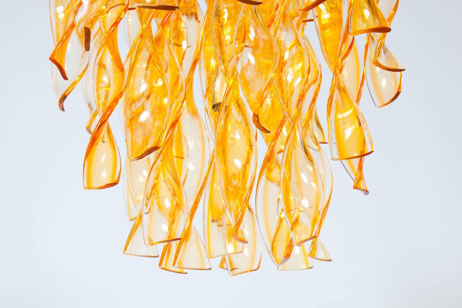 Mid-Century Modern Twisted Orange Streamers Flush Mount in Murano Glass 1990s Venice Italy  For Sale