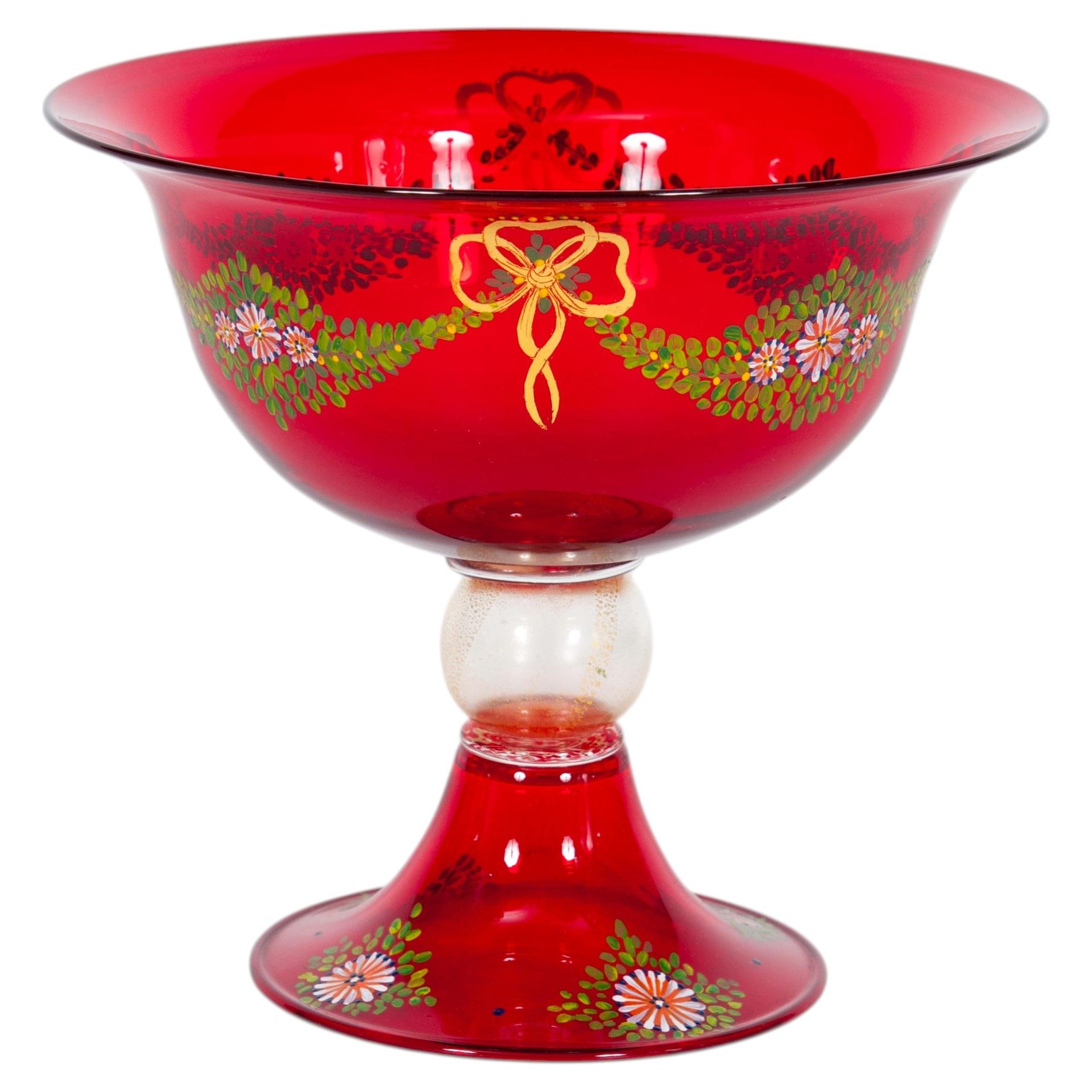Italian Murano Glass Pedestal Bowl Chalice, Ruby Red, 1980s — Venetian Master For Sale