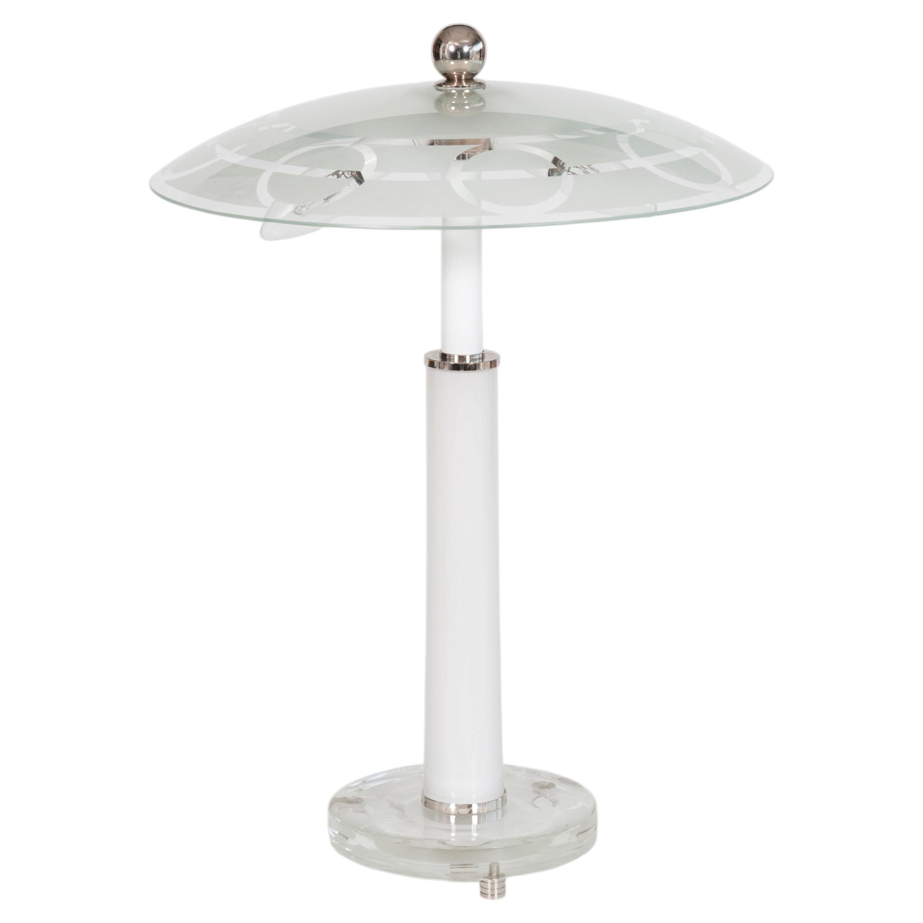 Italian Murano Glass Table Lamp, White Milk, Frosted Drawings, Chrome Frame For Sale
