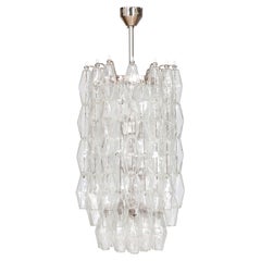 Italian Murano Glass Chandelier, Clear Poliedri, Chrome Frame, 1970s