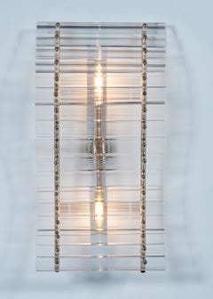 Pair of Italian Murano Glass Wall Sconces, Clear Ribbed Glass, Chrome Frame