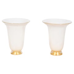 Pair of Italian Murano Glass Table Lamps, Milk White and Gold, 1980s