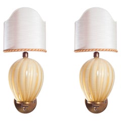 Pair of Italian Murano Glass Wall Sconces in Ivory and Gold Leaf, Brass Frame