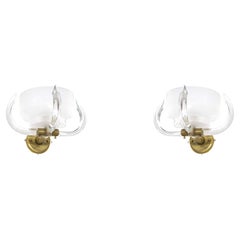 Pair of Italian Murano Glass Wall Sconces, White Milk, Clear Curve Triedo, Brass