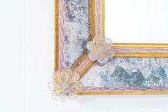 Italian Murano Glass Wall Mirror with Amber and Pink Gold Flowers, 1980s