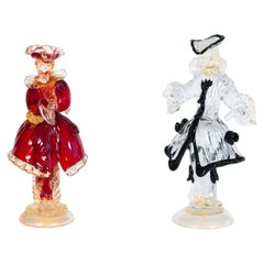 Pair of Italian Murano Glass Venetian Figurines, Dama & Knight, Ruby Red, Black