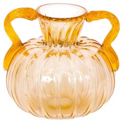 Italian Murano Glass Amphora, Amber Ribbed Vase, 1980s