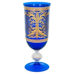 Italian Murano Glass Vase, Blue with Hand-Painted Gold Leaf & Floral Detail