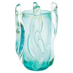 Italienische Murano-Glasvase, Aquamarin und Gold, zeitgenössisch