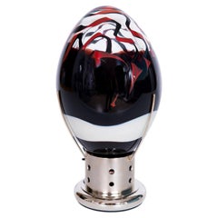 Italian Murano Glass Table Lamp, Egg-Shaped with Black, Red, and White Swirls