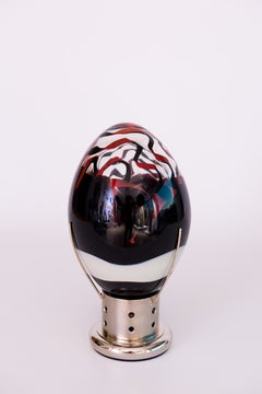 Italian Murano Glass Table Lamp, Egg-Shaped with Black, Red, and White Swirls