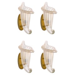 Four Italian Murano Glass Seashell Wall Sconces in Brass, Iridescent, 1980s