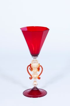 Italian Murano Glass Goblet Chalice, Red and Gold Dust Accents, 1970s, Venice