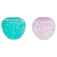 Pair of Italian Murano Glass Vases, Sea Water Green Frosted & Pink Frosted, 1980