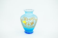 Italian Murano Light Blue Glass Vase with 24K Gold Hand Painting, 1980s