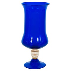 Italian Murano Glass Footed Vase, Blue and 24-Karat Gold, 1960s