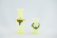 Pair Italian Murano Glass Yellow Vases Hand-Painted Floral Grape Design Baluster