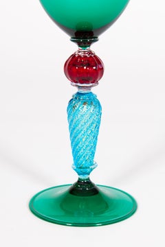 Italian Murano Glass Goblet Glassware, Green, Light Blue, Red, Gold Leaf, 1980s