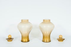 Pair of Italian Murano Glass Amber Vases with Lids & 24-Karat Gold Accents