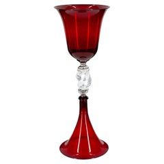 Italian Murano Glass Goblet Chalice, Red and White Filigree Twisted Stem, 1980s