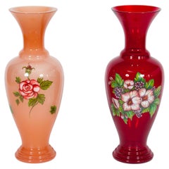 Pair of Italian Murano Glass Vases, Pink and Red Floral, 1990s