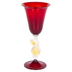 Italian Murano Glass Goblet with Gold Swan Detail in Red, 1980s