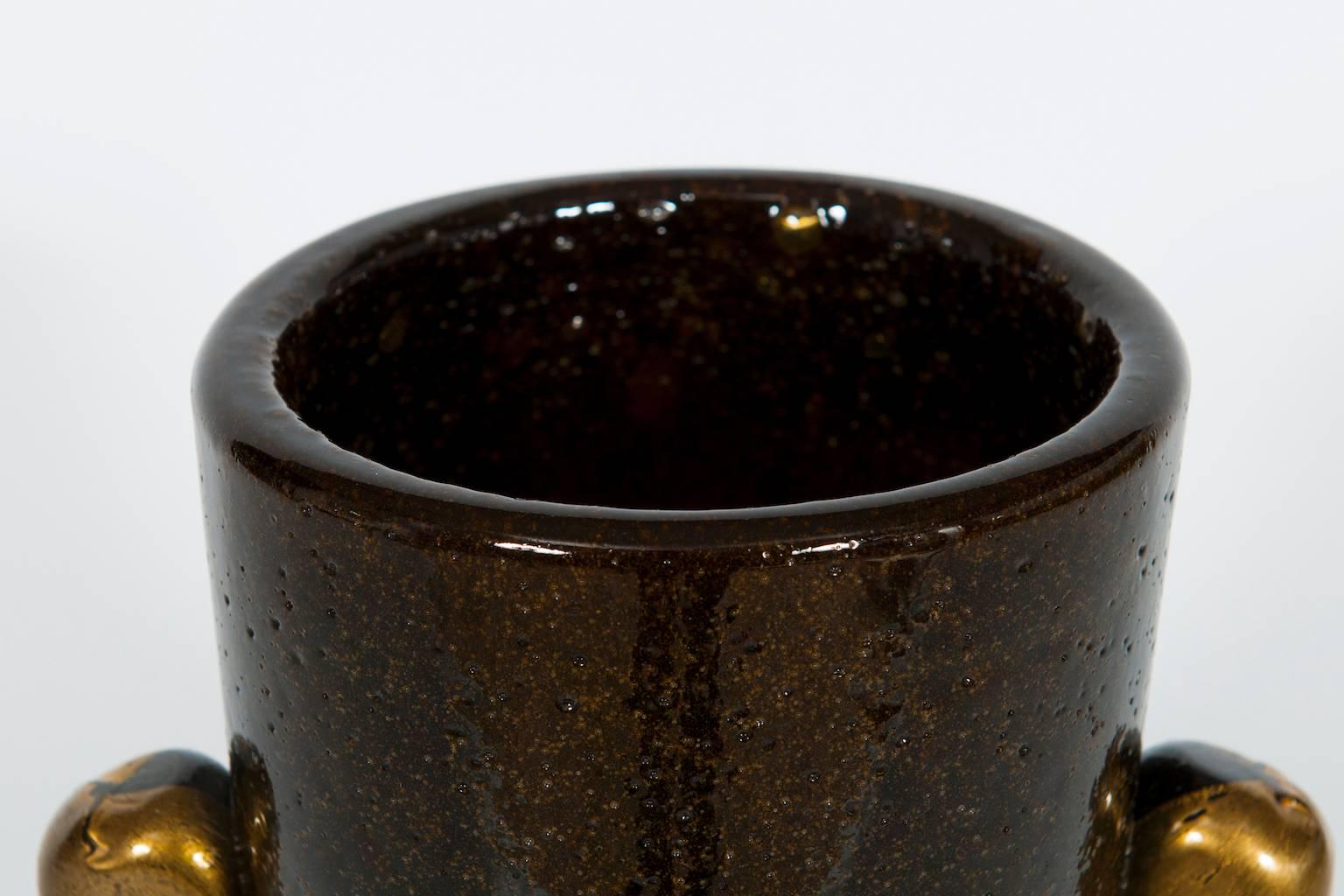 Glass Vase Pulegoso in dark color with gold finishes handcrafted 1980s For Sale