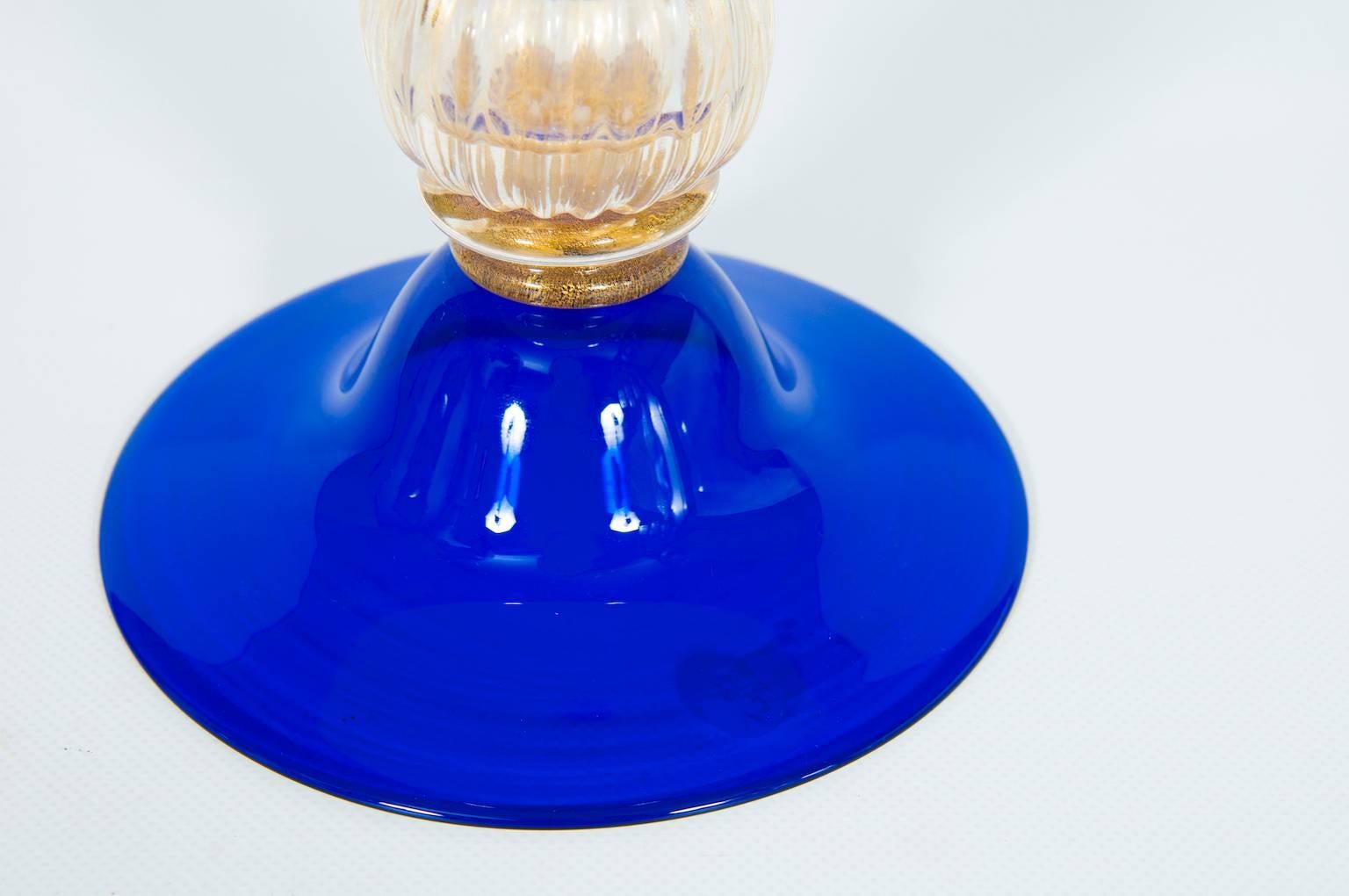 Hand-Crafted Italian Venetian Vase in Blown Murano Glass Blue and 24-K Gold finishes 1960s For Sale