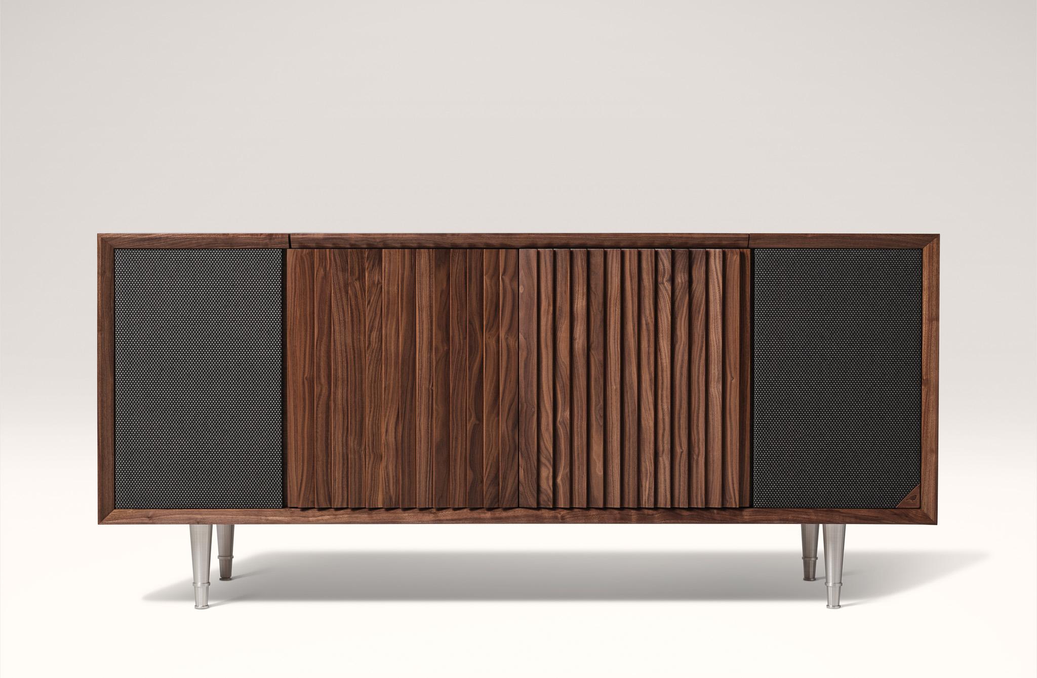 The M1 record console has room-filling Wrensilva sound with five music listening modes including Vinyl, Bluetooth and Sonos®, 200 watts per channel, stow-away lid, lined record pocket, and storage for up to 150 albums. Handmade in San Diego the M1