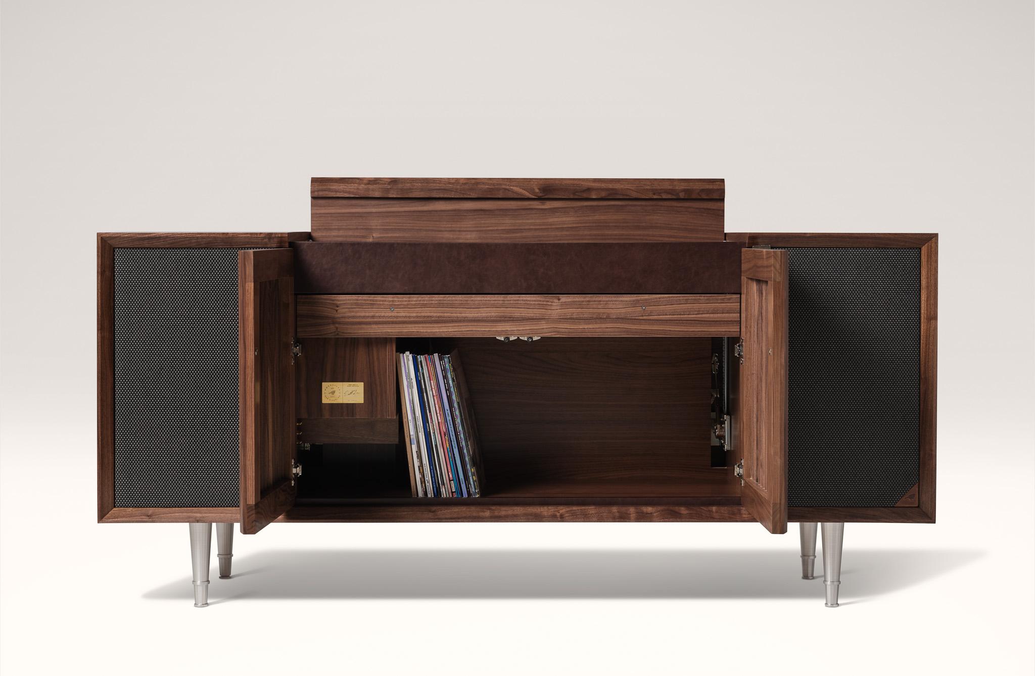 Hand-Crafted Wrensilva M1 record player console with integrated music streaming in walnut For Sale