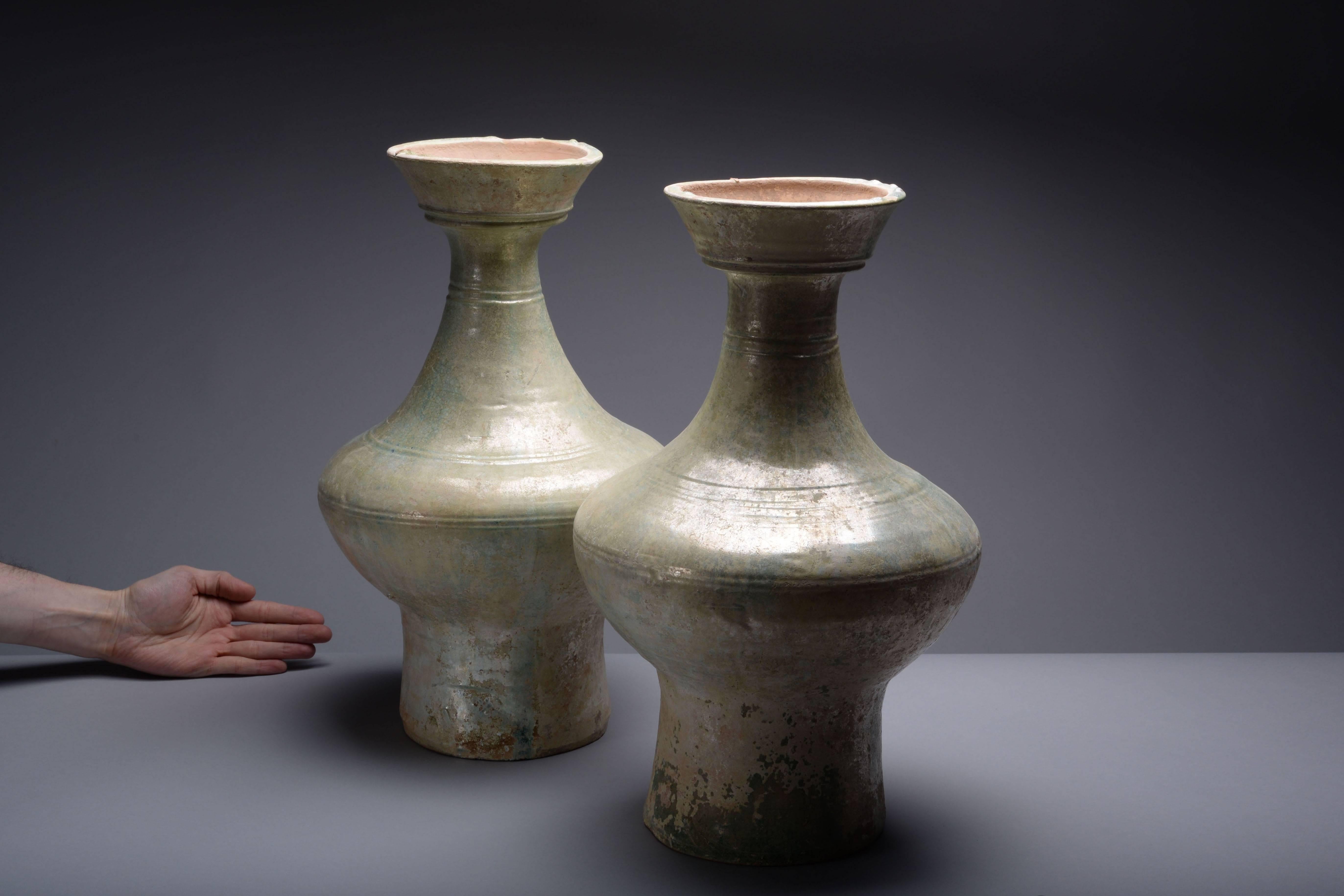 Pair of Ancient Chinese Han Dynasty Green Glazed Hu Vases, 206 BC In Excellent Condition In London, GB