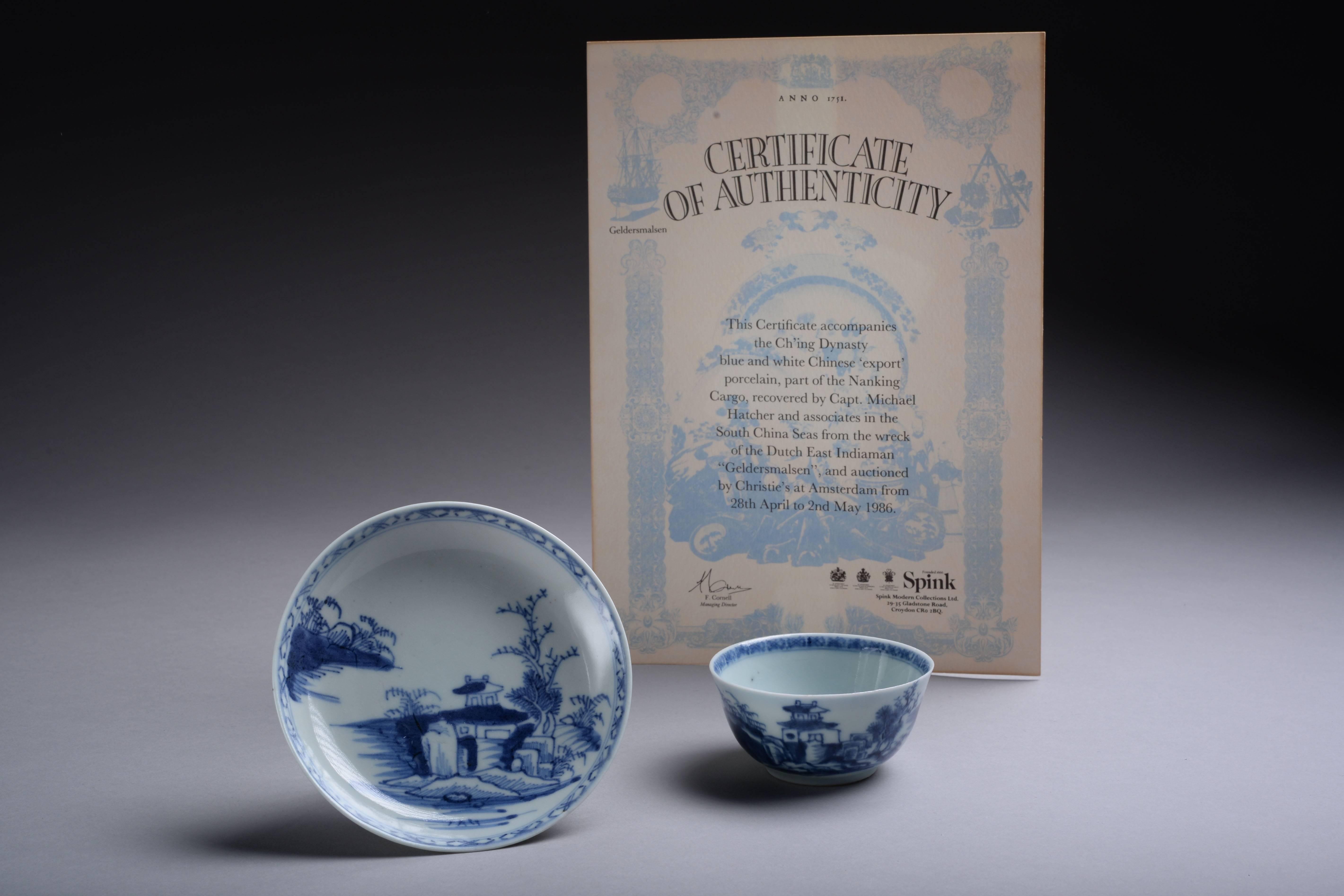 A wonderful, vibrant, Chinese blue on white porcelain teabowl and saucer set, with original boxes and certificate. Dating to circa 1750 and from the famous Nanking cargo - officially recorded pieces with Christie's stickers and inventory