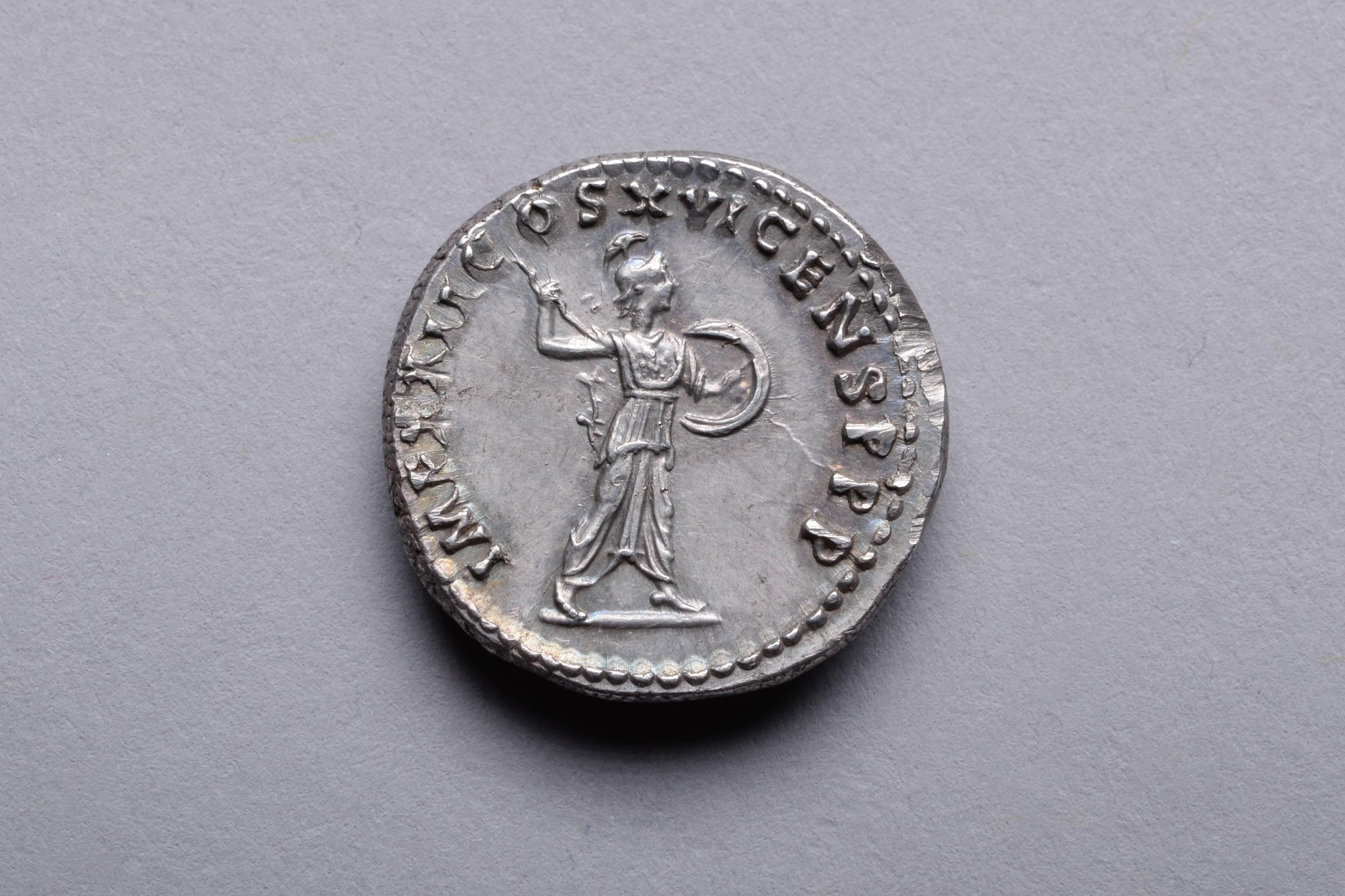 A superb example of ancient Roman silver denarius, minted under Emperor Domitian (Titus Flavius Caesar Domitianus Augustus). Struck at the Rome mint, in 92 or 93 AD.

The obverse with a fantastic portrait bust of Domitian. He is shown facing right