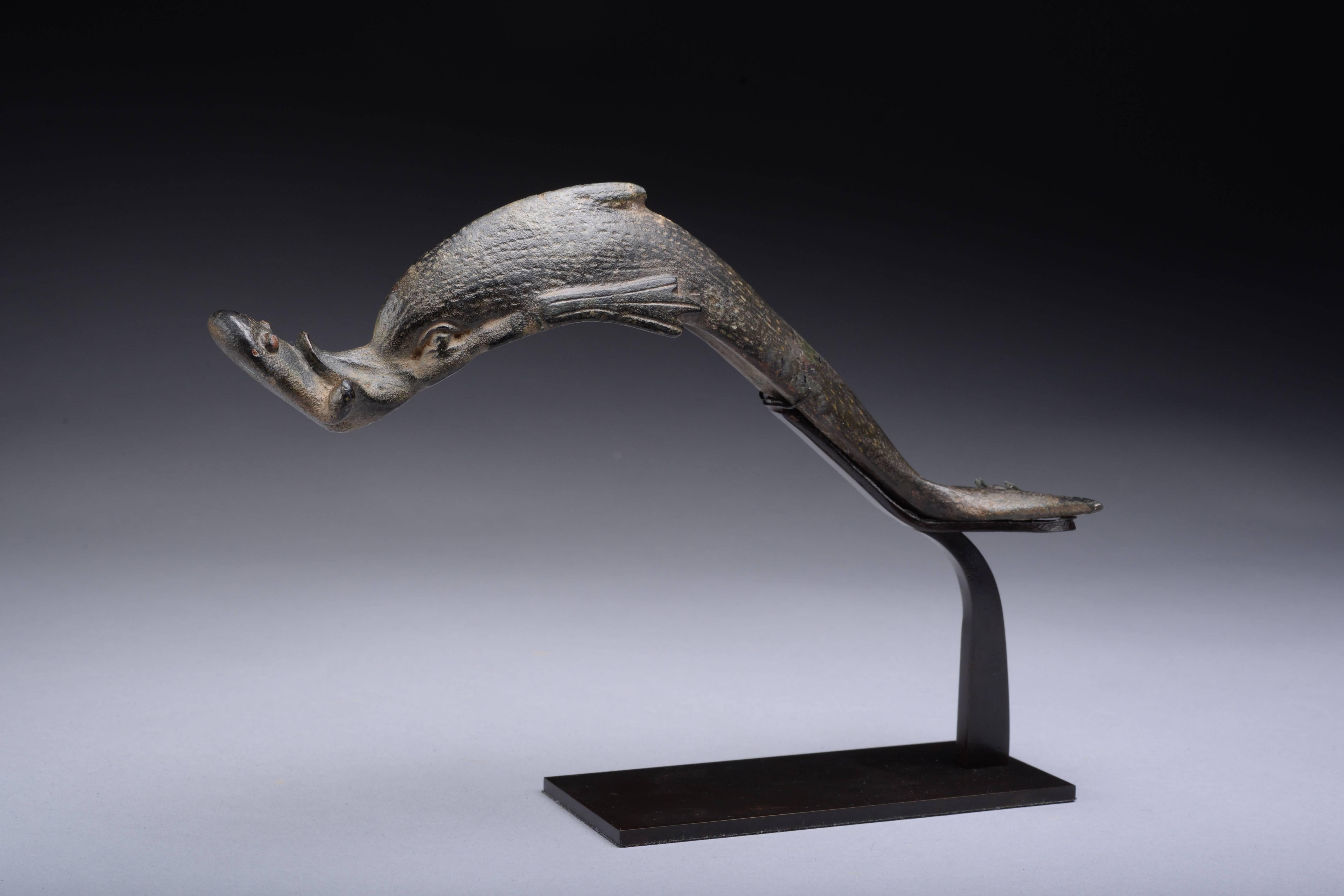 An ancient Roman bronze vessel handle in the form of a diving dolphin, dating to the 2nd-3rd century AD.

This elaborate handle would have once attached to a large vessel, possibly a wine jug.

The Romans were seemingly fascinated by these