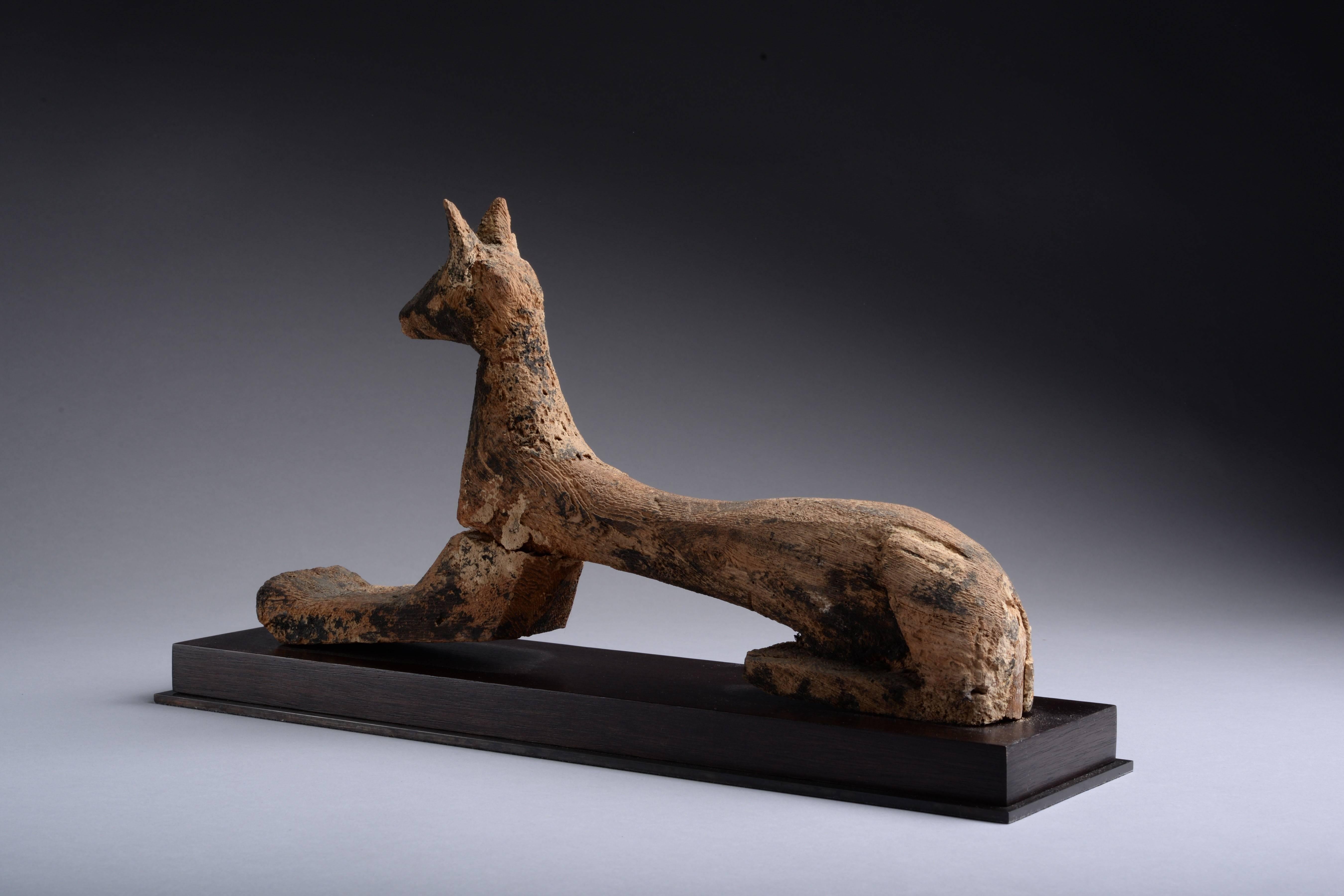 An ancient Egyptian wooden statue of the jackal god, Anubis. Dating to approximately 700 BC.

Now weathered and reduced to the essence of form, this ancient sculpture has a beautiful aesthetic. Depicting the god of the afterlife, in a typical