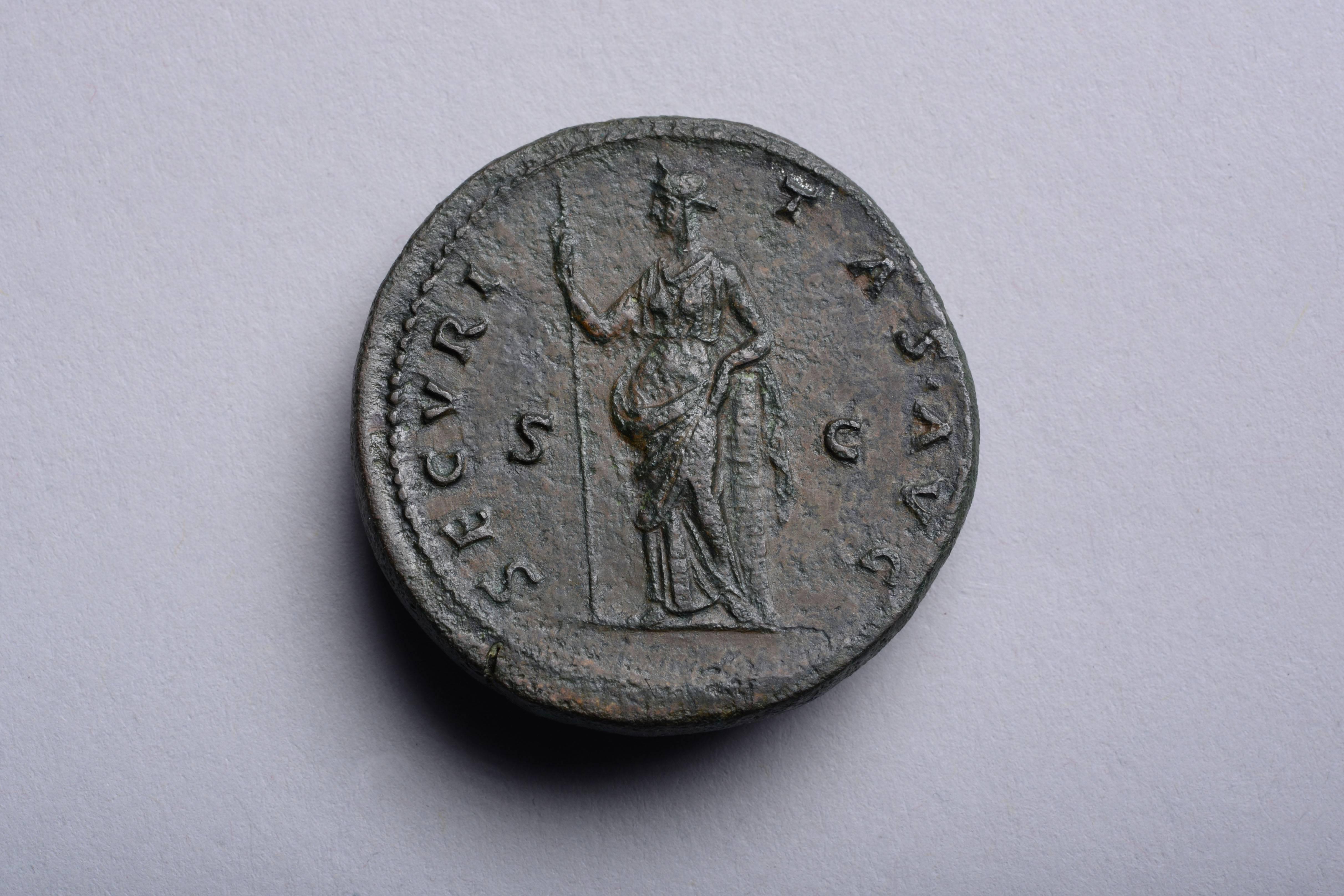 A medallic ancient Roman sestertius with an outstanding pedigree, once in the famous collection of Clarence Sweet Bement (1843-1923) and the mysterious collector known by the pseudonym, Richard J. Graham.

Issued under Emperor Antoninus