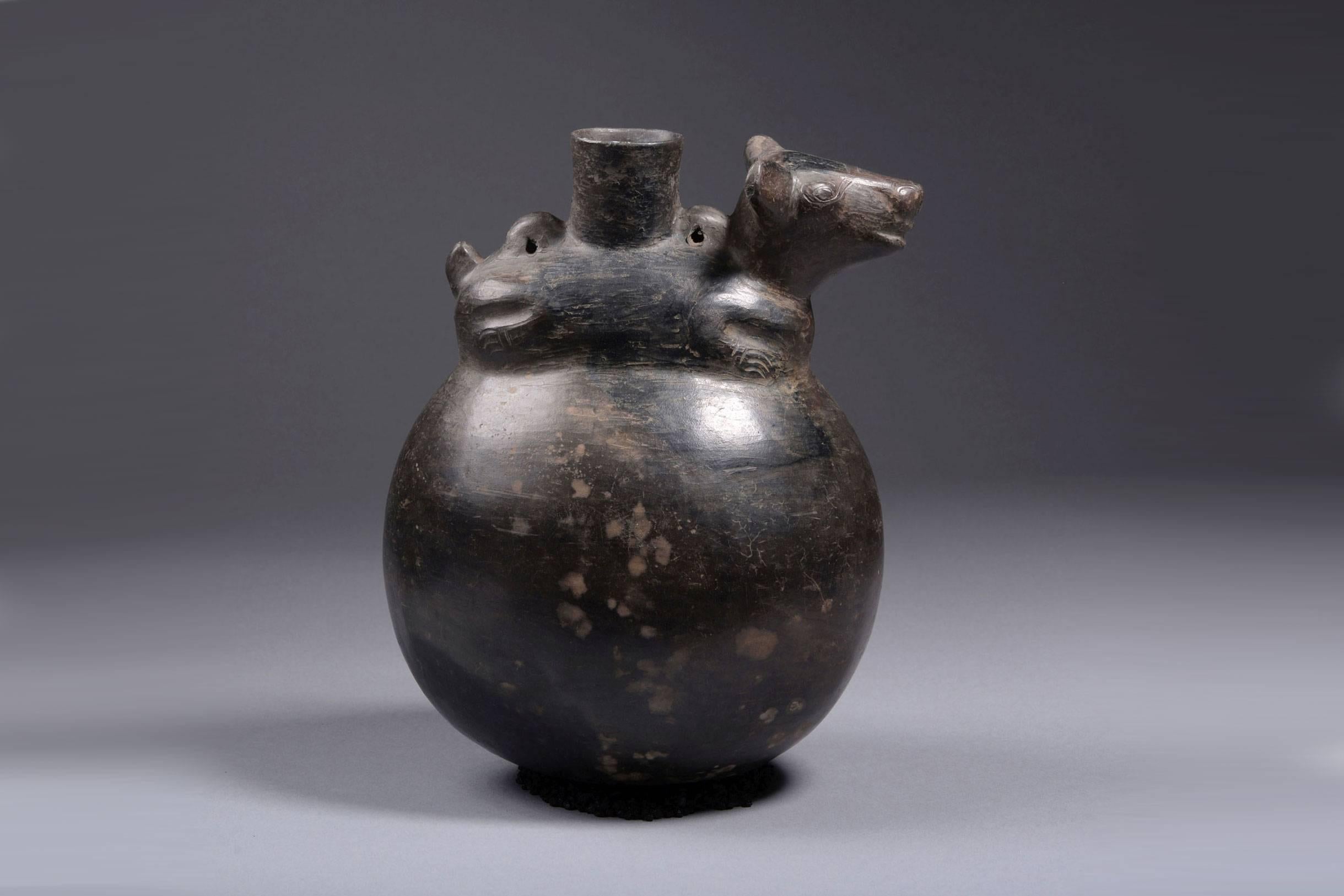 A wonderful ancient Peruvian Chimu culture effigy bottle, dating to approximately 1100-1400 AD.

An attractive burnished bottle, of globular form, with rounded base. A moulded figure of a young llama sits in rest atop the bottle with a cylindrical